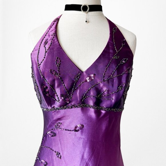Vintage Purple Gradient Ombre Floral Beaded Satin Bodycon Maxi Dress Size M/L - Picture 5 of 11